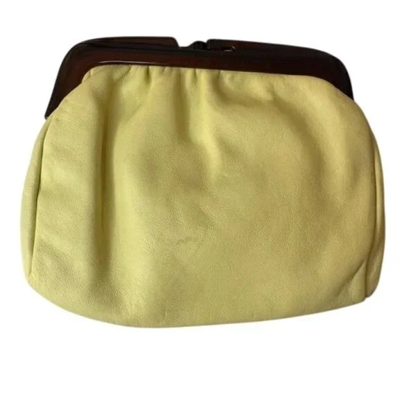 Vintage Yellow Leather Clutch Purse With Wooden Frame Made In Italy - Picture 1 of 6
